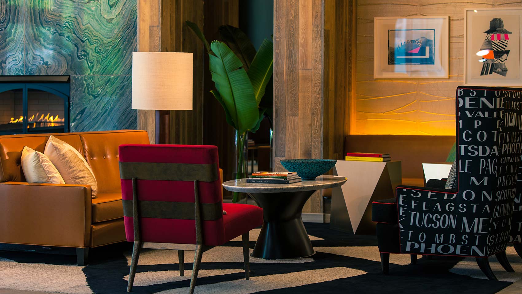 Lobby seating with fireplace at kimpton hotel palomar phoenix